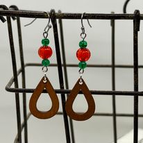 Christmas Bead and Wood Drop Earrings--Handcrafted