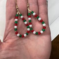 Christmas Holiday Beaded Teardrop Hoop Earrings--Handcrafted
