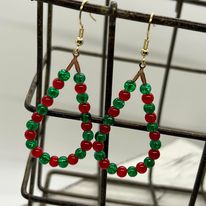 Christmas Holiday Beaded Teardrop Hoop Earrings--Handcrafted