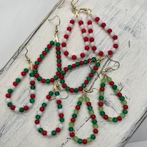 Christmas Holiday Beaded Teardrop Hoop Earrings--Handcrafted