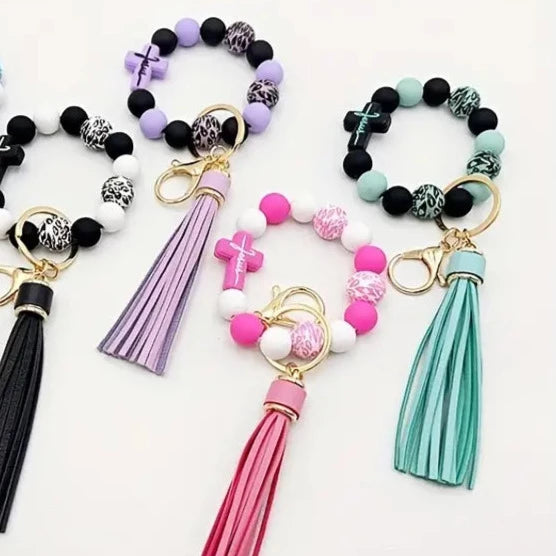 "Jesus" Silicone Beaded Wristlet Keychain, Various Colors