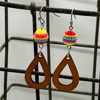 "Rainbow Berry" Bead and Wood Drop Earrings--Handcrafted