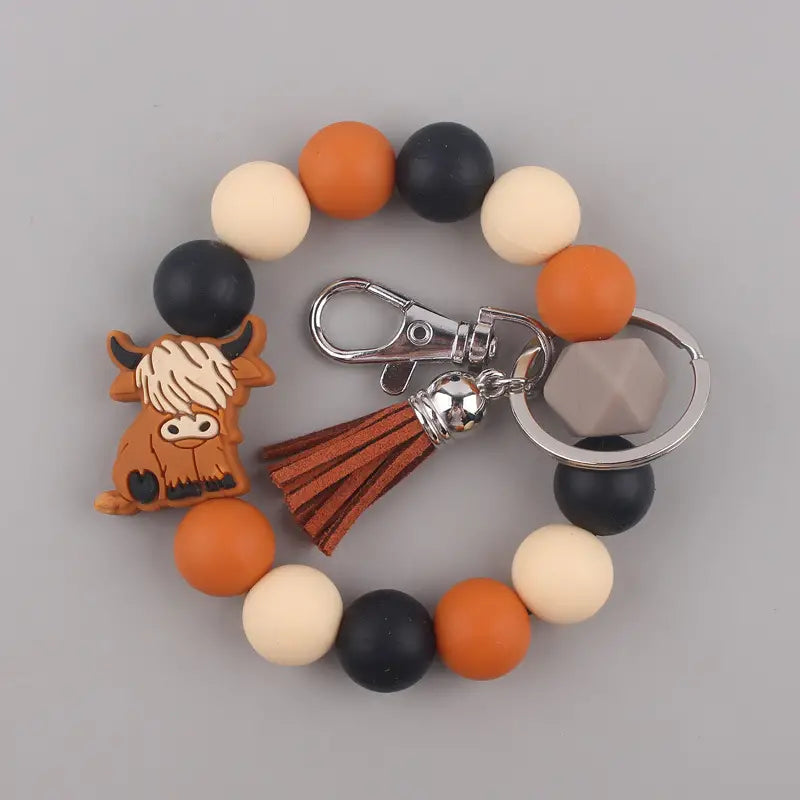 Highland Cow Silicone Beaded Wristlet Keychain