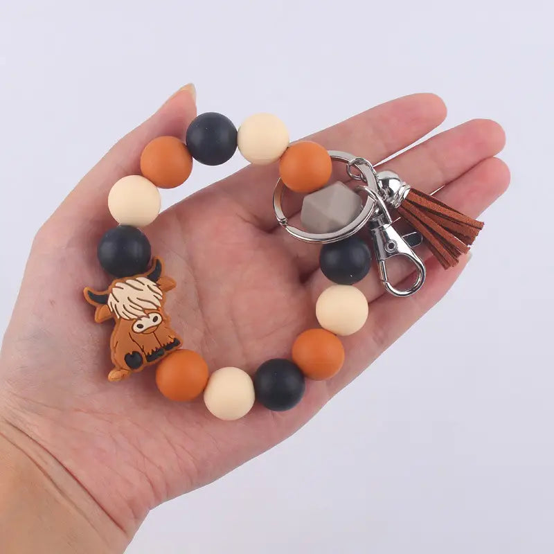 Highland Cow Silicone Beaded Wristlet Keychain