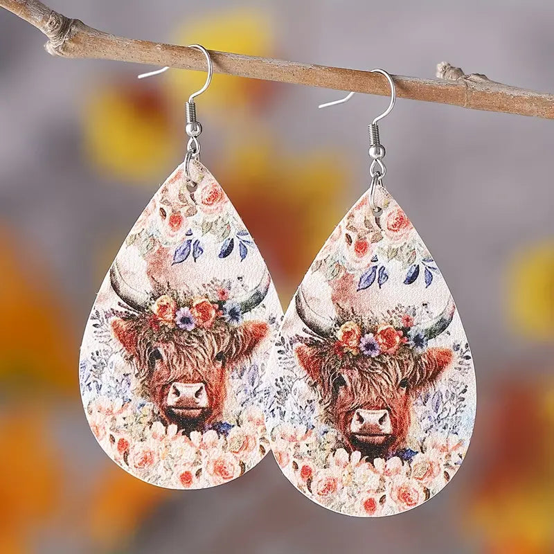 Highland Cow Faux Leather Dangle Earrings