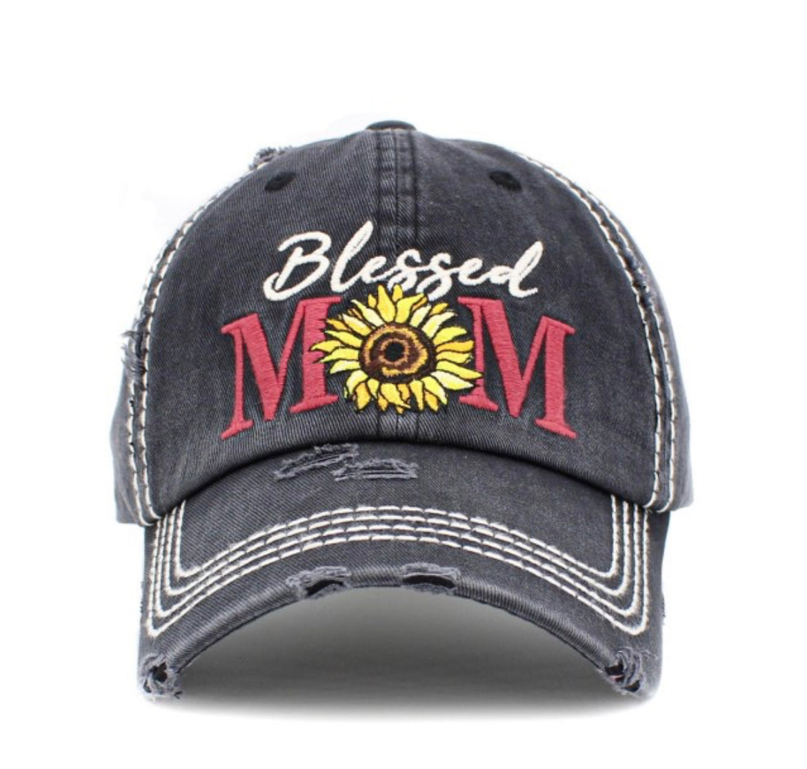 "Blessed Mom" Embroidered Vintage Distressed Baseball Cap--Black