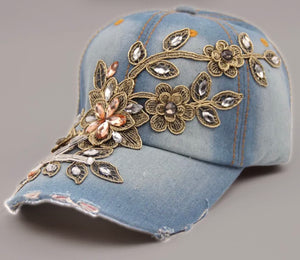 Jeweled Flower Applique Vintage Distressed Baseball Cap