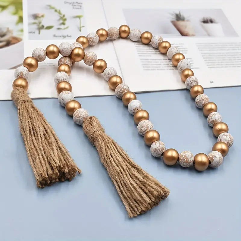 "Gold and Frost" Farmhouse Wood Bead Garland