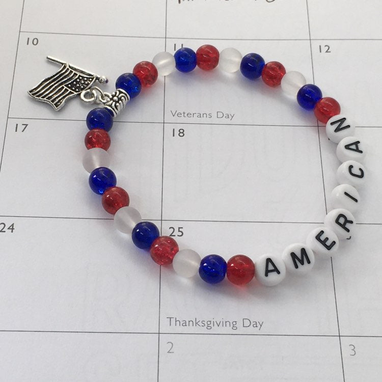 “American" "Patriot” Stretch Beaded Charm Message Bracelets—Handcrafted