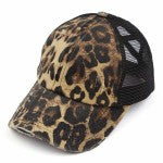 Distressed Criss-Cross Pony Cap with Mesh Back--Leopard