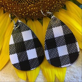 "Bethany" Black & White Buffalo Plaid Faux Leather Dangle Earrings