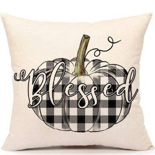 "Blessed" Black & White Buffalo Plaid Pumpkin Linen Throw Pillow Cover