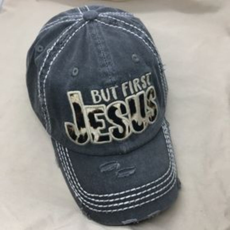 "But First, JESUS" Embroidered Distressed Baseball Cap--3 colors