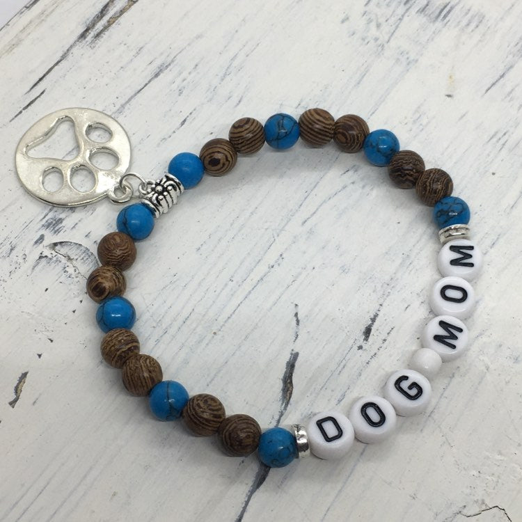 “Dog Mom” Stretch Message Charm Bracelets—Handcrafted