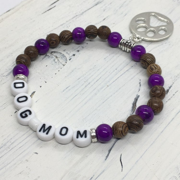 “Dog Mom” Stretch Message Charm Bracelets—Handcrafted