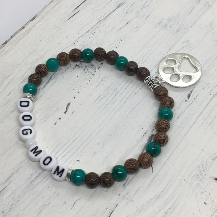 “Dog Mom” Stretch Message Charm Bracelets—Handcrafted