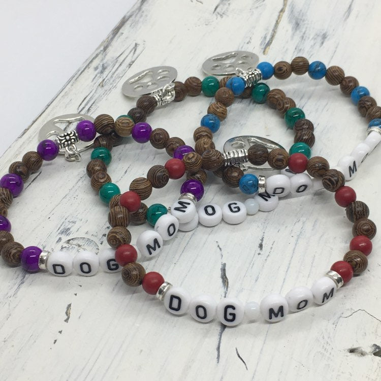 “Dog Mom” Stretch Message Charm Bracelets—Handcrafted