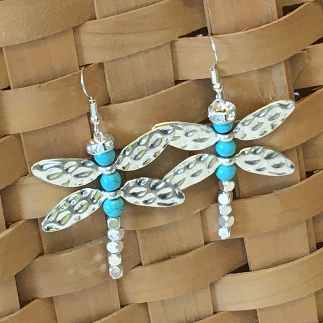 "Whimsy" Dragonfly Silver & Turquoise Hammered Metal Earrings