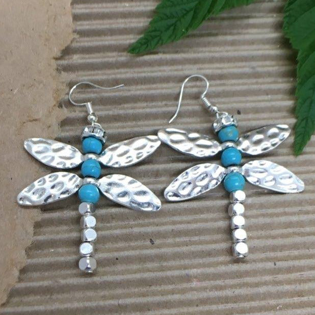 "Whimsy" Dragonfly Silver & Turquoise Hammered Metal Earrings