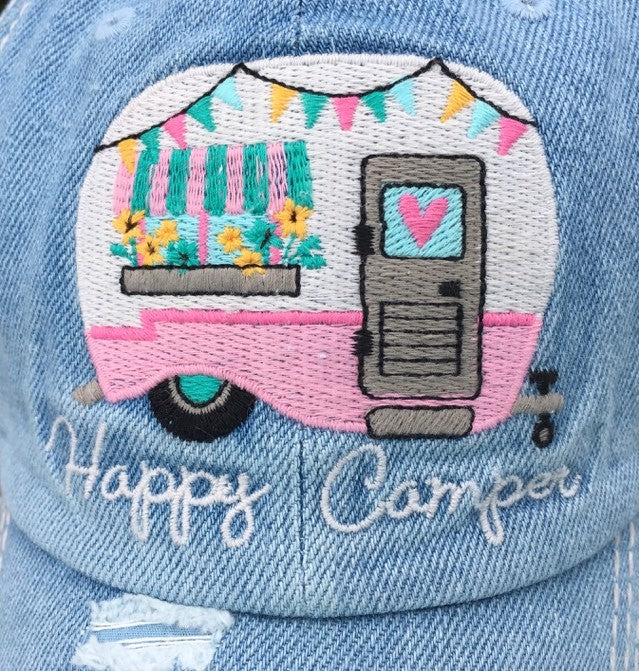 "Happy Camper" Distressed Embroidered Baseball Cap