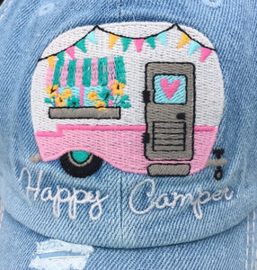 "Happy Camper" Distressed Embroidered Baseball Cap