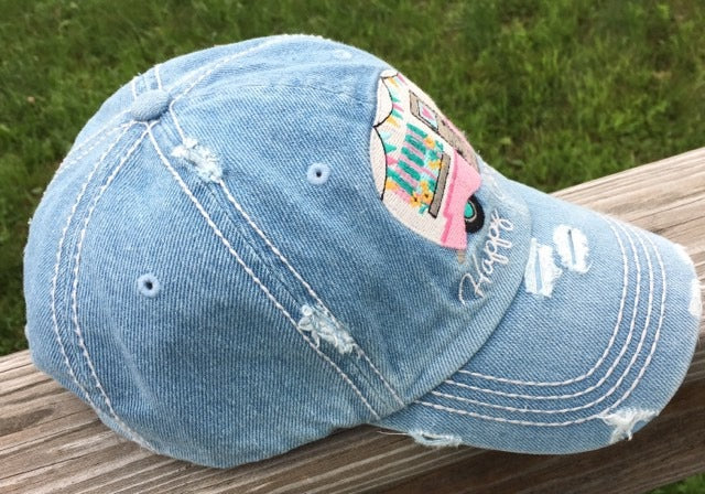 "Happy Camper" Distressed Embroidered Baseball Cap