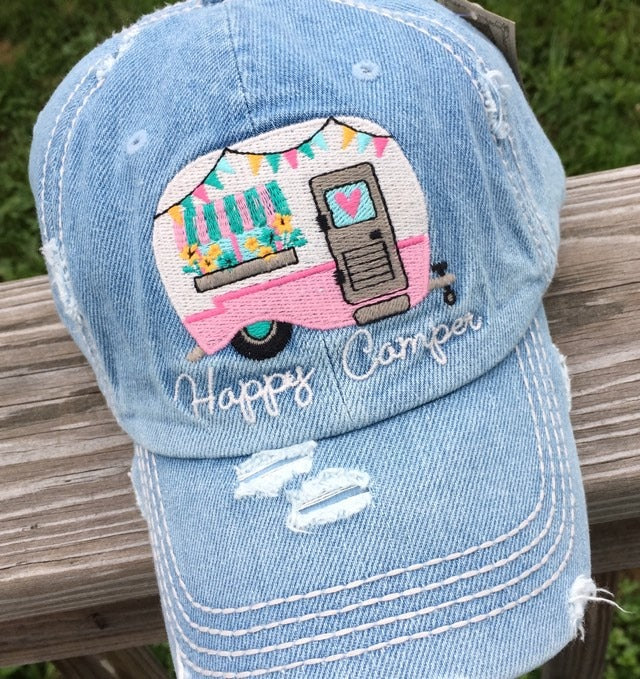 "Happy Camper" Distressed Embroidered Baseball Cap