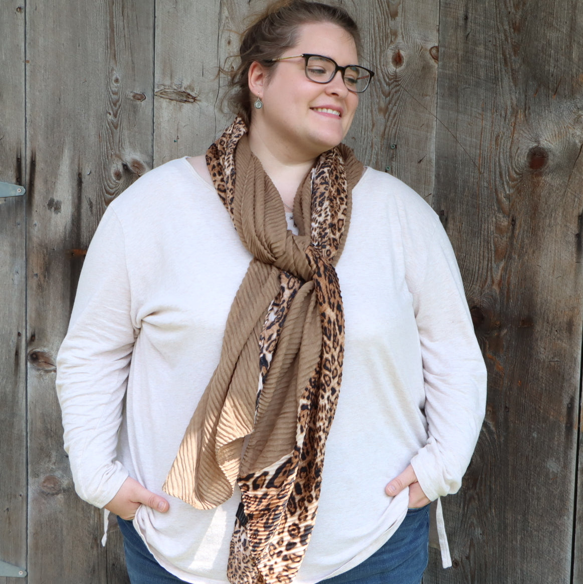 "Wild World" Leopard Colorblock Pleated Fashion Scarf--Caramel