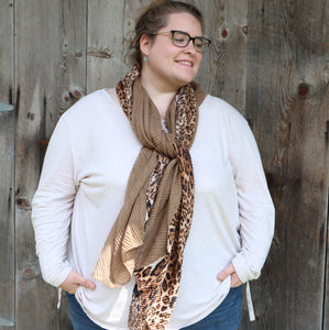 "Wild World" Leopard Colorblock Pleated Fashion Scarf--Caramel