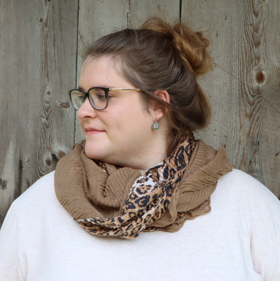 "Wild World" Leopard Colorblock Pleated Fashion Scarf--Caramel