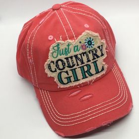 "Just a Country Girl" Vintage Distressed Baseball Cap--Salmon/Pink