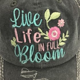 "Live Life in Full Bloom" Vintage Distressed Baseball Cap--Black