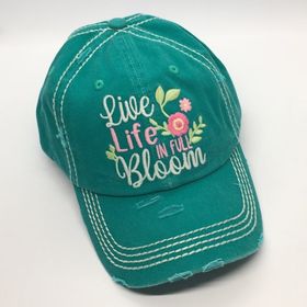 "Live Life in Full Bloom" Vintage Distressed Baseball Cap--Turquoise