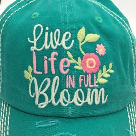 "Live Life in Full Bloom" Vintage Distressed Baseball Cap--Turquoise