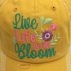 "Live Life in Full Bloom" Vintage Distressed Baseball Cap-Yellow