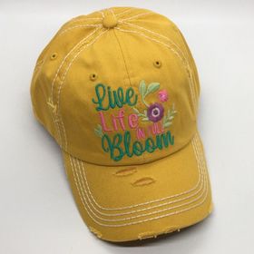 "Live Life in Full Bloom" Vintage Distressed Baseball Cap-Yellow