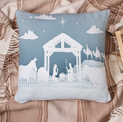 Christmas Nativity Silhouette Throw Pillow Cover--Blue