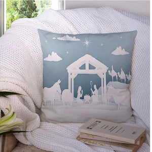 Christmas Nativity Silhouette Throw Pillow Cover--Blue