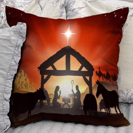 Christmas Nativity Silhouette Throw Pillow Cover -- Red