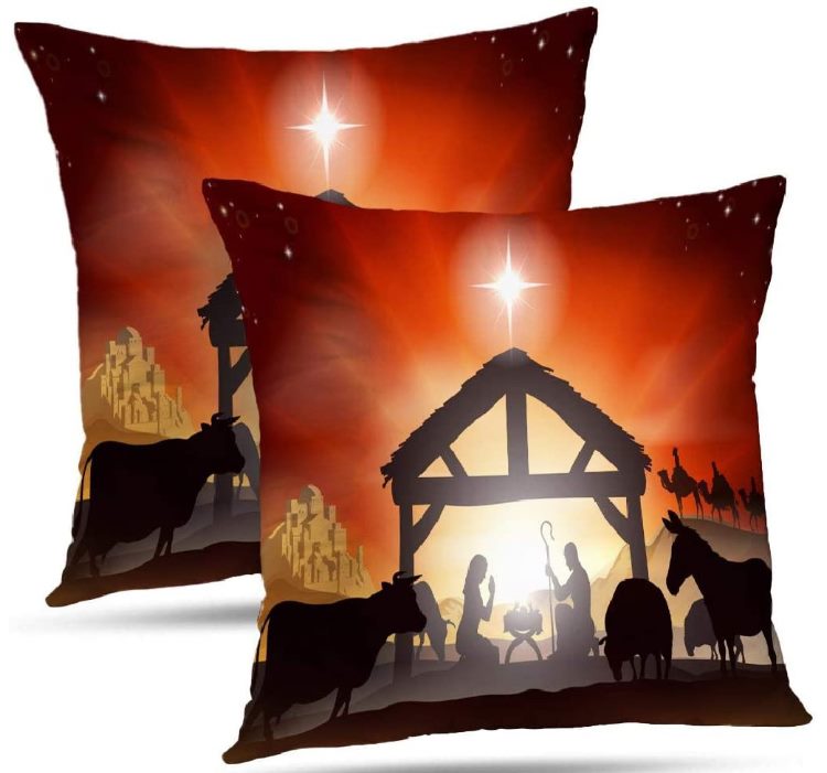 Christmas Nativity Silhouette Throw Pillow Cover -- Red