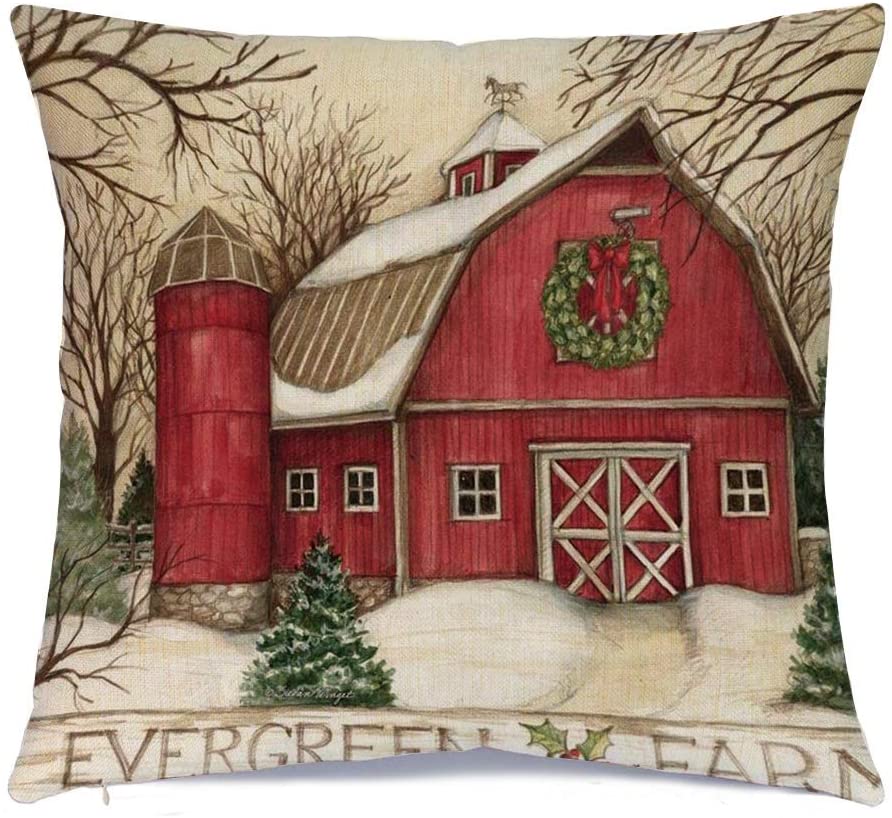 Christmas Barn Vintage-Look Throw Pillow Cover