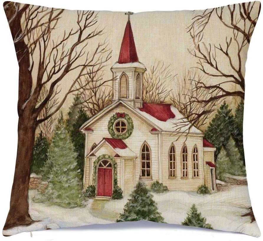 Christmas Church Vintage-Look Throw Pillow Cover