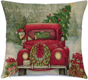 Christmas Red Farm Truck Vintage-Look Throw Pillow Cover