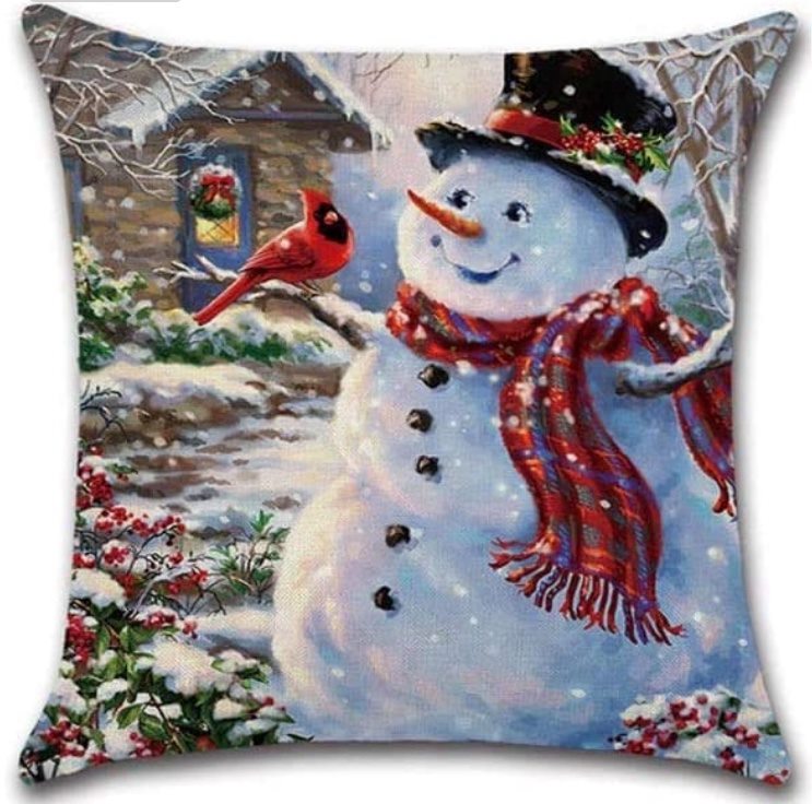 Snowman With Cardinal Vintage-Look Throw Pillow Cover