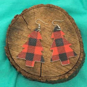 "Trina" Black & Red Buffalo Plaid Pine Tree Faux Leather Earrings