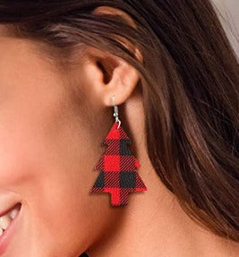 "Trina" Black & Red Buffalo Plaid Pine Tree Faux Leather Earrings