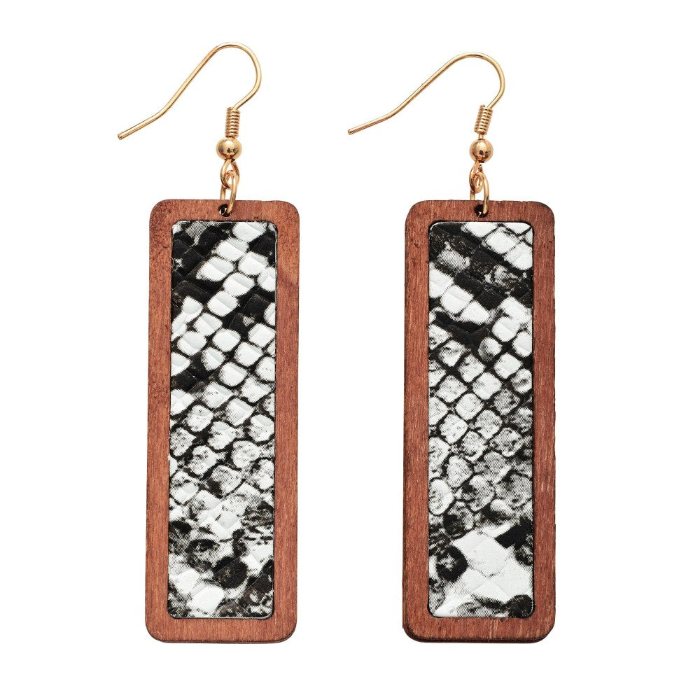 "Whitley" Wood & Faux Leather Snakeskin Bar Statement Earrings--White