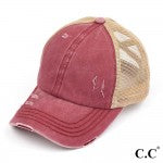 Distressed Criss-Cross Pony Cap with Mesh Back--Berry