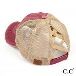 Distressed Criss-Cross Pony Cap with Mesh Back--Berry