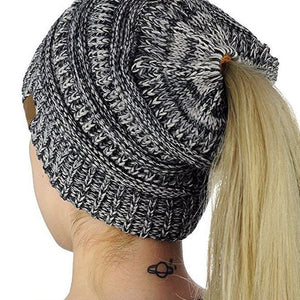 C.C Messy Bun/BeanieTail Cable Knit Ponytail Beanie